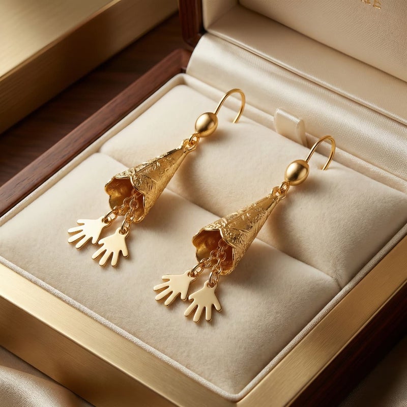 Gold-plated, cone-shaped drop earrings engraved with a "cone" design and delicate hand-shaped charms. A modern accessory that gives you an attractive and distinctive look for every occasion. - Image 3